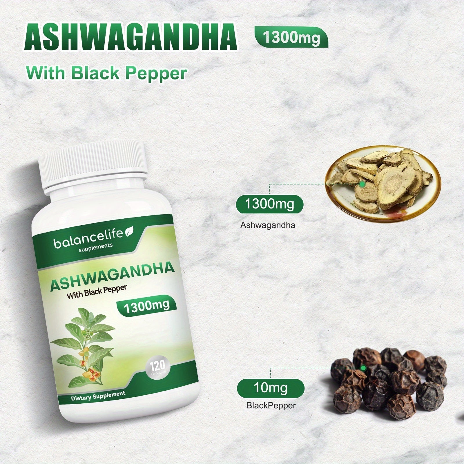 Ashwagandha 1300mg with Black Pepper for Stress Mood and Sleep