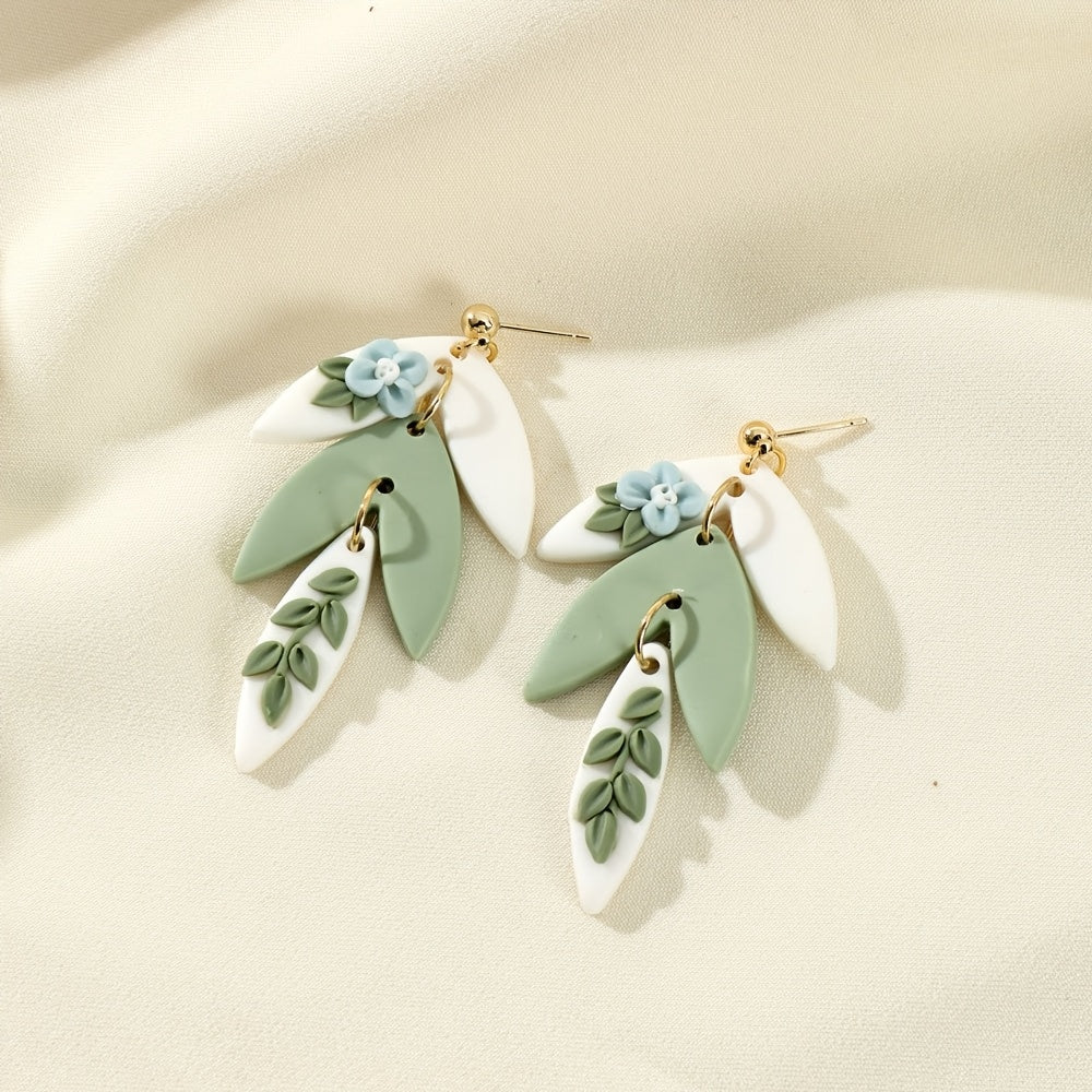 Boho-Chic Polymer Clay Flower Earrings in White & Green with Blue Accents