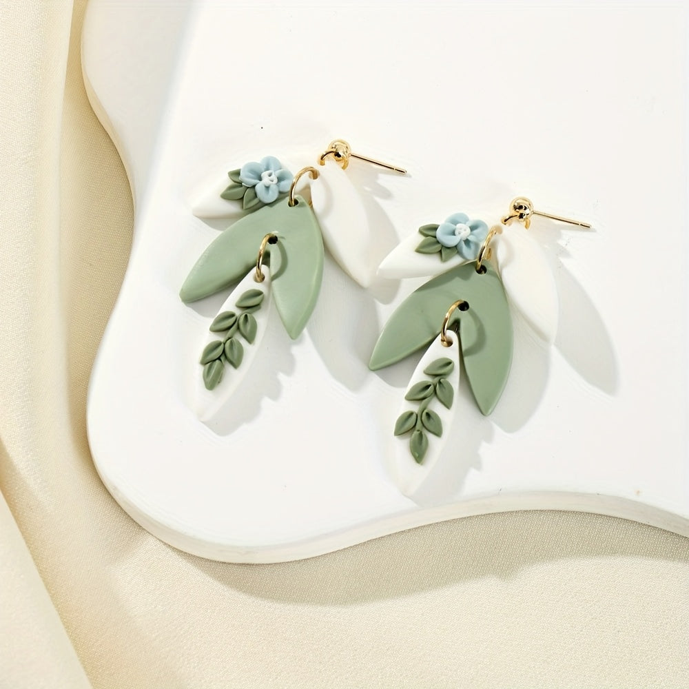 Boho-Chic Polymer Clay Flower Earrings in White & Green with Blue Accents